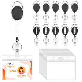 Segus Card Holder ID, Pack of 10 ID Card Holders with Clip, Card Holder with Drawstring, Transparent Card Case, ID Cover with Strap, Extendable for School, Events, Conferences (Horizontal)