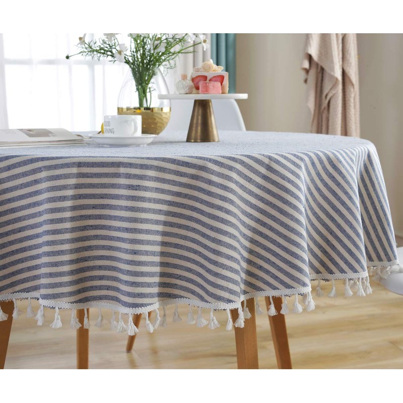 Plenmor Cotton Linen Table Cloth Stripe Tassel Round Tablecloth Dust-Proof