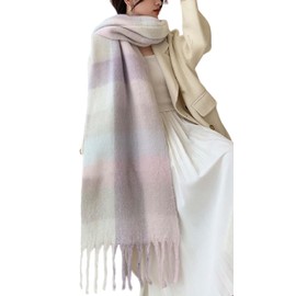 Wander Agio Winter Women Warm Scarf Long Shawl Large Scarves Cold Weather Thick Blanket Scarfs Colorful Plaid Light Beige Pink 11