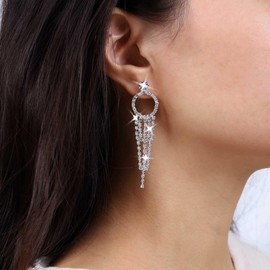 Atentuyi Wedding Rhinestone Tassel Earrings Silver Long Chandelier Bridal Dangle Earrings Rhinestone Hoop Earrings Crystal Drop Earrings Cz Chain Earrings Jewelry for Women and Girls