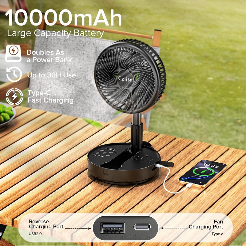 Czlife F9 Portable Fan, 10000mAh Rechargeable Battery Powered for Travel