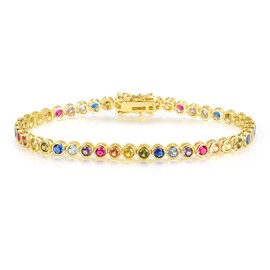 Gemsme 3.0mm Colorful Tennis Link Bracelet, 18K Yellow Gold Plated Bezel-Set 3MM Cubic Zirconia Rainbow Tennis Bracelet for Women
