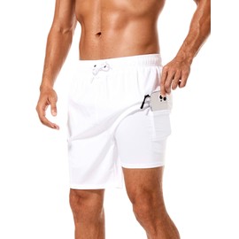 SILKWORLD Mens Swim Trunks with Compression Liner 7 Inch Quick Dry Bathing Suit Swim Shorts for Men with Zipper Pockets, White, Small