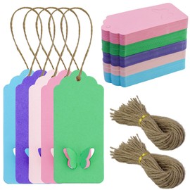 Gift Tags Kraft Paper Tags Labels 9 x 4 cm, Pack of 200 Tags and 200 Pieces Jute String for Crafts Christmas Wedding Gifts (5 Colours)