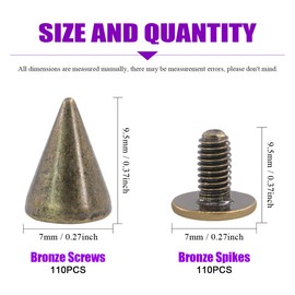Swpeet 110 Pairs Bronze 7mm x 9.5mm Bullet Cone Spike and Stud Metal Screw Back for DIY Leather Craft Cool Rivets Punk Stud Coincal Layer
