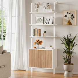 INNOD 74" Tall Bookshelf with Storage Cabinet, Modern Ladder Shelf with Wood and Metal Frame, Wall Mount Bookcase Open Display Shelf Furniture for Living Room, Bedroom, Home Office, White and Oak