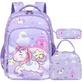 Kimwadalh - Mochila para niñas con caja de almuerzo para escuela primaria, mochila escolar 3 en 1 con correa para el pecho para niñas escolares, Castillo Morado, Una talla, Unicornio de lentejuelas