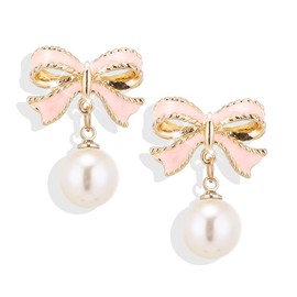 Gold Pearl Bow Earrings for Women Ribbon Dangle Drop Stud Earrings Silver Dainty Faux Pearl Earrings for Women Jewelry for Mom Her-Golden+pink
