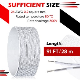 Konohan 91 ft Universal Garage Door Wire 24AWG 2 Pin Extension Cable Wire Cord Line 2 Conductor Bell Wire for Control Station Sensor for Garage Door Sensors