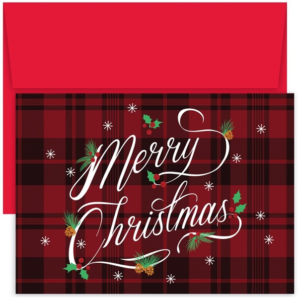 Masterpiece Studios Hollyville 18-Count Christmas Cards in Keepsake Box, Plaid Merry Christmas (880600)