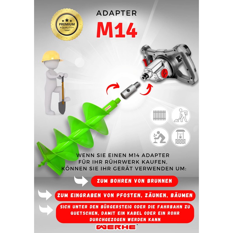 WERHE® Adapter M14 for Earth Auger with Quick Wing Bolts,