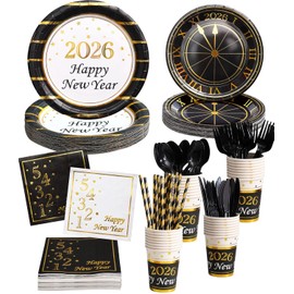 128PCS New Year Plates and Napkins Party Supplies - 2026 - Serves 16 Guests - Happy New Year Eve Plates, Napkins, Cups, Cutlery, Straws NY Party Decorations Favors