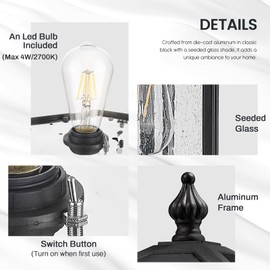 zeyu 19 Inch Solar Post Light with Pier Mount, Modern Large Solar Lamp Post Light for Patio with Remote Control, Die-Cast Aluminum with Seeded Glass Shade, Black Finish, ZX107P-SL BK