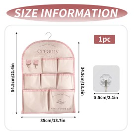 Bed Bag, Bed Shelf, Bedside Table for Hanging, Wall Organiser with 7 Compartments, Small Fresh Style, Large Capacity, Fabric Bag, Ideal for Storing Small Items, 54.5 x 35 cm, Rose Pink