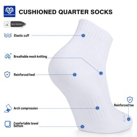 Closemate Mens Athletic Ankle Socks 6 Pairs Black Quarter Running Cotton Wicking Cushioned Socks for Women Non Slip Anti Blister Breathable Performance Mens Socks（6 White-A, Size XL)