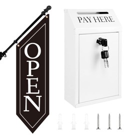 Locking Metal Cash Box with Key – 10.2"x5.7"x2.8" Money Collection Safe for Farm Stand or Retail – OPEN Flag Banner Kit with Pole & Bracket, Double-Sided Canvas Open Sign 42"x12" (Black)