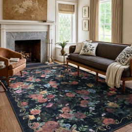 Lahome Black Rugs for Living Room,Vintage Machine Washable Rugs 5x7,Boho Floral for Bedroom Area Rug, Dark Rug Low Pile Ultra-Thin Large Carpet for Dining Room Office Playroom (5'X7',Black)