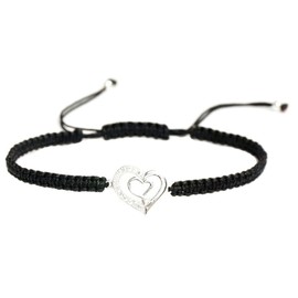 Sterling Silver Cubic Zirconia Double Heart Love Black Hand-Braided Cord Adjustable Bracelet