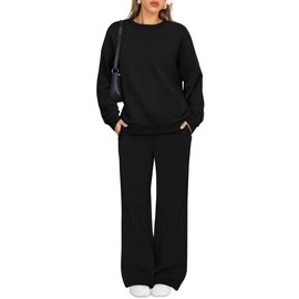 XIEERDUO Sweat Set 2 Piece Sets for Women Lounge Sets Black Workout Set Fall Fashion Must Haves Women Clothing Airport Outfits 2025 Wide Leg Sweatpants S