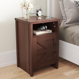 JUMMICO Farmhouse Nightstand, Modern Bedside Table with Barn Door and Shelf, Rustic End Table Side Table for Bedroom, Living Room (2, Brown)