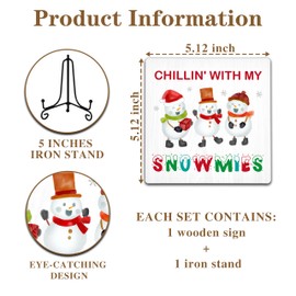 Cazhes Cute Snowmies Christmas Wooden Decor, Christmas Decorations for Home Bedroom, 5x5 Inches Xmas Snowman Snowflake Sign with Iron Stand, Birthday New Year Gifts-G11