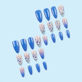 Medium Almond Press on Nails Blue Gradient Fake Nails with Flower Designs Glue on Nails Glossy Full Cover False Nails Acrylic French Tip Nails Press ons Artificial Stick on Nails for Women 24Pcs