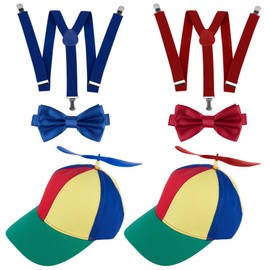 Framendino, Rainbow Propeller Hats Detachable Helicopter Top Cap Baseball Hat with Y Back Style Suspenders Bow Tie for Adult, Red & Blue, One Size