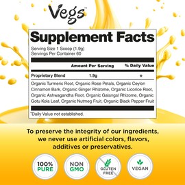 Vegs Turmeric Golden Milk Powder - 10 Ayurvedic Super Spice Mix Golden Milk Latte with Organic Turmeric, Ginger, Rose Petals, Cinnamon, Ashwagandha- Sugar-Free, No Caffeine, Vegan, Non-GMO - 4 oz
