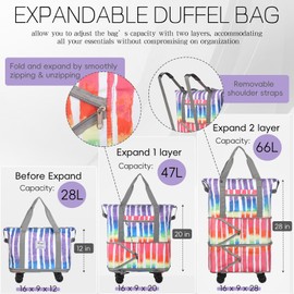 VOOWO Rolling Duffel Bag - Foldable Expandable Duffle With Wheels for Travel, Luggage Carry On, Large Backpack Weekend Bag for Men Women (Rainbow)