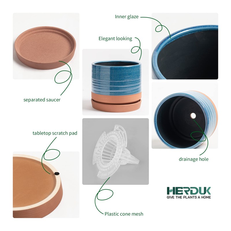 HERDUK 8 Inch Pots for Plants, Ceramic Planter Pot with