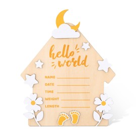 Newborn Birth Announcement Board, Large 7 Inch Hello World Newborn Sign for New Born Baby Welcome Wooden Baby Announcement Plaque Hospital Home Record Board for Baby Gift