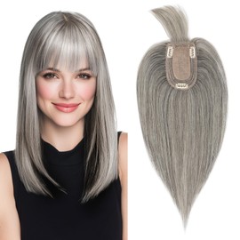 SEGO Grey Hair Toppers for Women Real Human Hair With Bangs, Salt and Pepper Hair Topper, 7 * 13 CM Silk Base Clip In Top Pieces -12 Inch #G3 Light Grey Mix