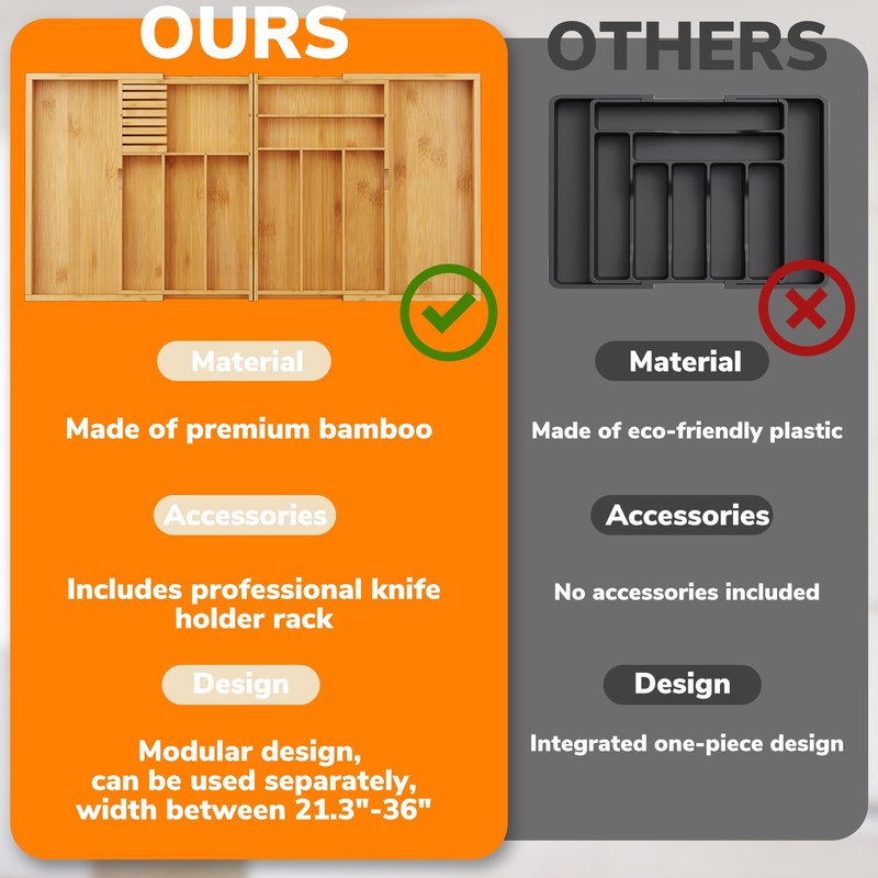BAMEOS Expandable Silverware Drawer Organizer with Removable Knife Blocks, Bamboo