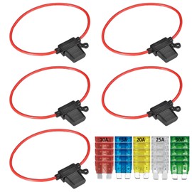 GTIWUNG Pack of 5 Car Fuse Holder with 12AWG Wire for Car Truck, Blade Fuse Holder, Waterproof Inline Blade Fuse Holder with 25-Piece Medium Blade Fuses (10A/15A/20A/25A/30A)