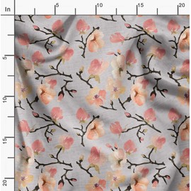 Soimoi Gray Poly Crepe Fabric Peach Flower Watercolor Print Fabric by The Metre 42 Inch Wide