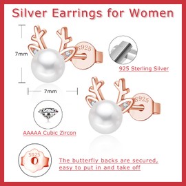 Glintara 925 Silver Christmas Stud Earrings, 925 Sterling Silver Christmas Stud Earrings, Silver Snowflake Elk Pearl Stud Earrings for Women, Hypoallergenic Sleeping Stud Earrings for Christmas for