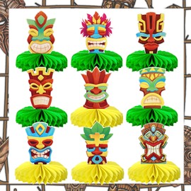 9 PCS Tiki Hawaiian Luau Honeycomb Table Centerpiece Decorations Double Sided Summer Tropical Tiki Table Honeycomb Centerpieces for Tiki Hawaii Luau Theme Beach Party Centerpieces Supplies
