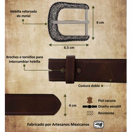 Cinturón de Piel Vacuna con Hebilla Vaquera Vintage (Café, 36)
