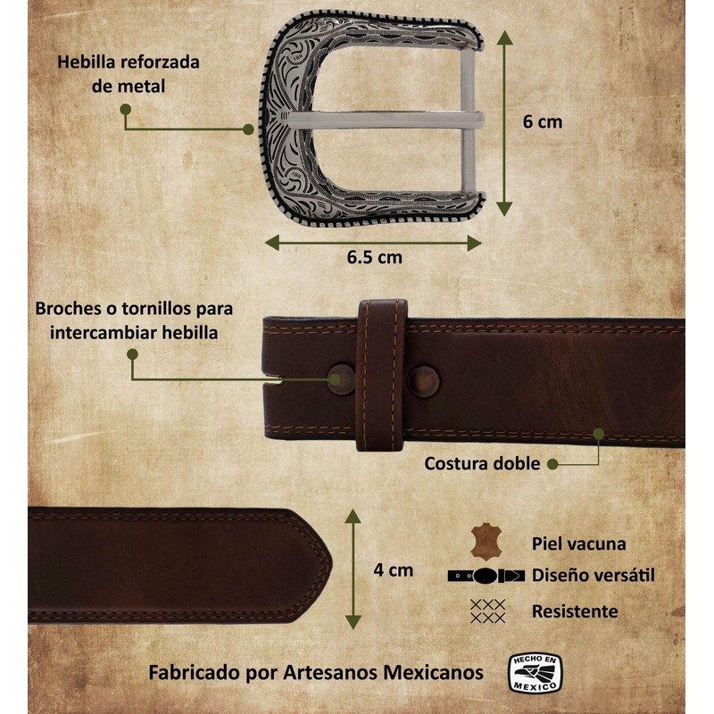 Cinturón de Piel Vacuna con Hebilla Vaquera Vintage (Café, 36)