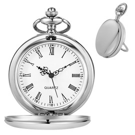 Tiong Silver Smooth Steel Bracket Design Men's Pocket Watch Roman Numerals Quartz Pocket Watches with Chain for Men Women