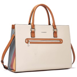 BOSTANTEN Leather Laptop Briefcase for Women Shoulder Bag 15.6 Inch Business Computer Tote Beige