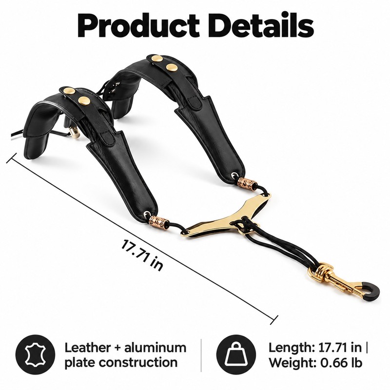 Adjustable Leather Saxophone Shoulder Harness with Aluminum Support Plate, Shoulder-Supported