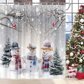 Merry Christmas Shower Curtain Winter Snowman Xmas Tree Red Bird Snowflake Snowy Forest Holiday Fabric Bathroom Decor Curtains with Hooks,70 x 70