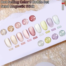 Gsnagole Silk Cat Eye Gel Nail Polish Set Of 9 Colors Ceramic Moonlight Glitter Reflective Shimmer White Orange Green Blue Purple Red Jelly Magnetic French Gel Polish Kit (Full Set Of 9 Colors)