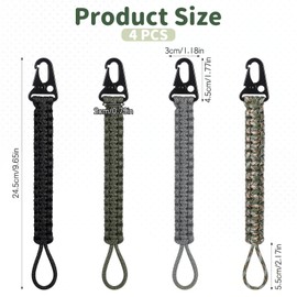 4pcs Paracord Keychain Carabiner Clip 9 Inch Weave Tactical Lanyard Wallet Accessories Lanyard Hanger Carabiner Keychain for Camping Fishing Hunting Outdoor Water Bottle Key Backpacks Men Women