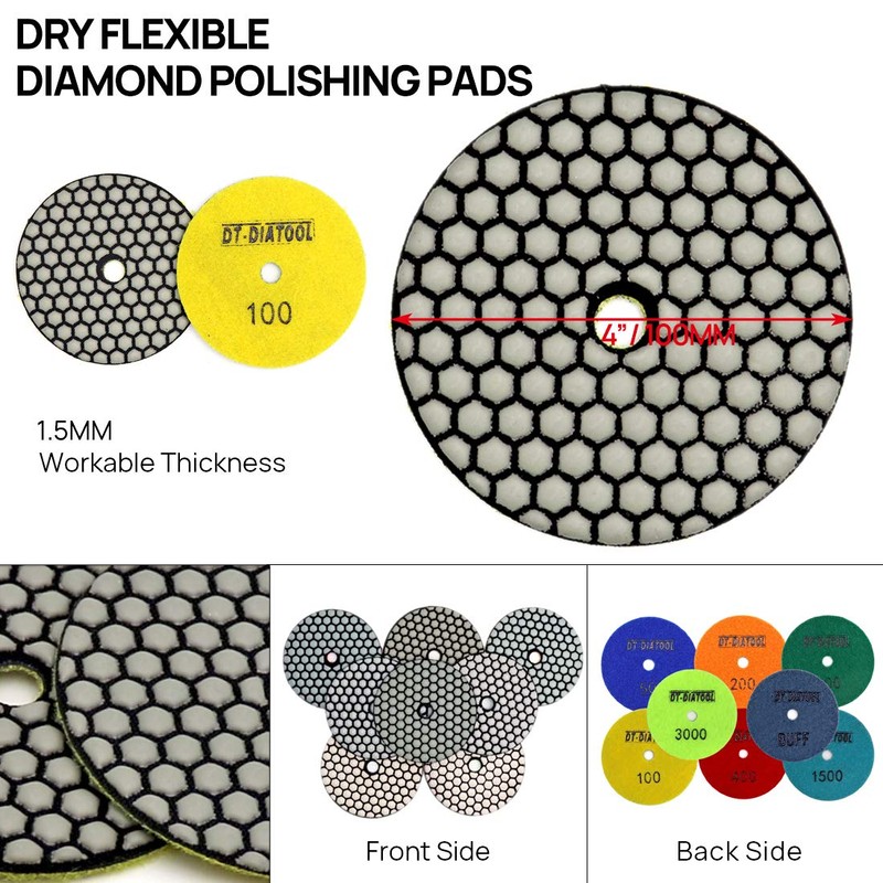 DT-DIATOOL Dry Diamond Polishing Pads 4 Inch/100mm 8PC #200 for