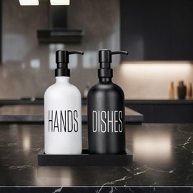Soap Dispenser Set，Kitchen Soap Dispenser with Tray Stainless Steel Pump，Black Dish Soap Dispenser for Kitchen，Hand and Dish Soap Dispenser Set for Kitchen& Bathroom, Gifts for Housewarming