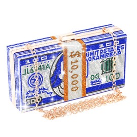 Bolso de mano de mano con diamantes de imitación para dinero en efectivo, único de noche, bolso de hombro, bolso cruzado con diamantes de imitación, Azul / Patchwork