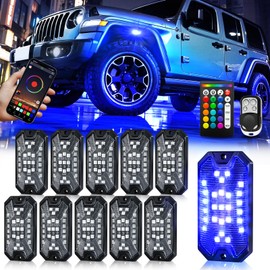 10Pods 5 Sides Full Angle RGB LED Rock Lights Kits High Brightness 27 Beads RGB 5050 IP68 Waterproof Underglow Multicolor Exterior Wheel Rock Lights for 12V Trucks Jeep Offroad Pickup UTV ATV RZR SUV