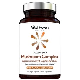 Complex Mushroom Superblend - Lions Mane, Reishi, Cordyceps, Shiitake, Maitake, Chaga, Agaricus Blazei, Tremella - with Vitamin C and Bioperine for Maximal Absorption - Max Potency - Made in The UK